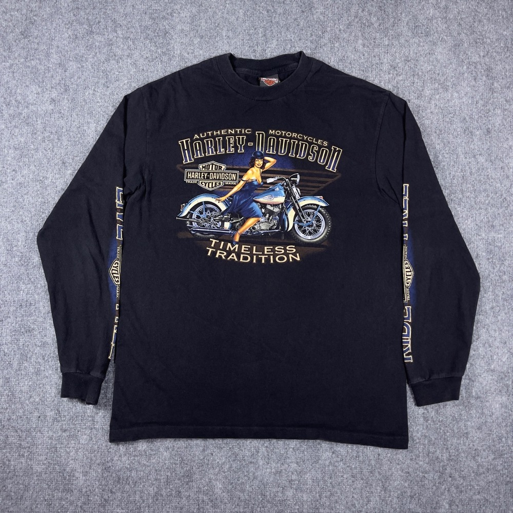 Vtg Harley-Davidson Pinup Girl Long Sleeve Shirt Mens Large Black Nashville TN
